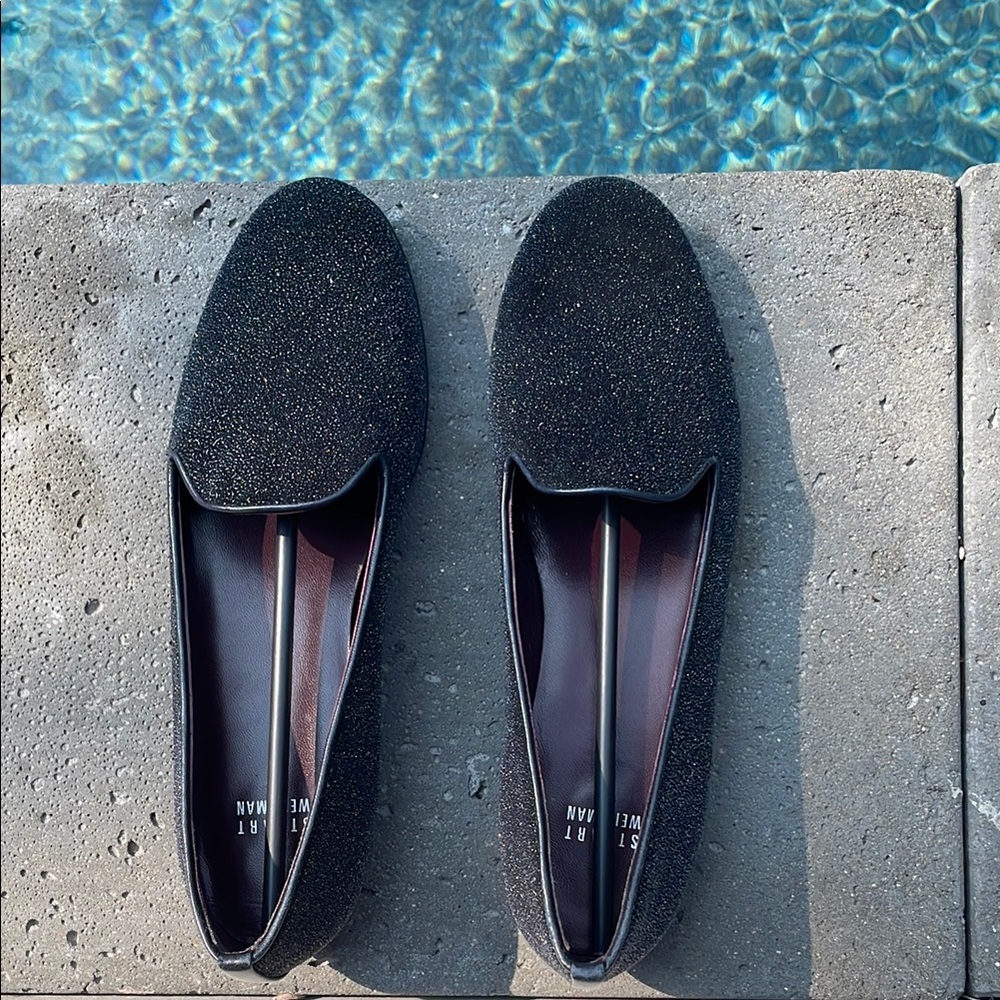 Stuart Weitzman Black Textured Loafers with Shimmer